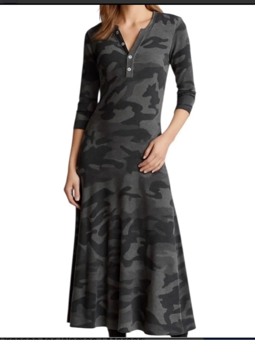 Polo Ralph Lauren Gray Camo Waffle Knit 3/4 Sleeve Midi Dress L